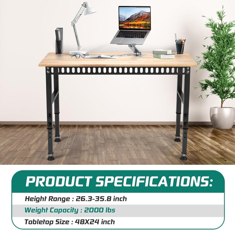 OLBRUS 48 "Adjustable Workbench, Heavy Duty 2000 LBS Load Capacity Hardwood Workbench Suitable for Workshop, Office, Garage, Home (Rubber Pad丨No Power Outlets 48"x24") - Image 5